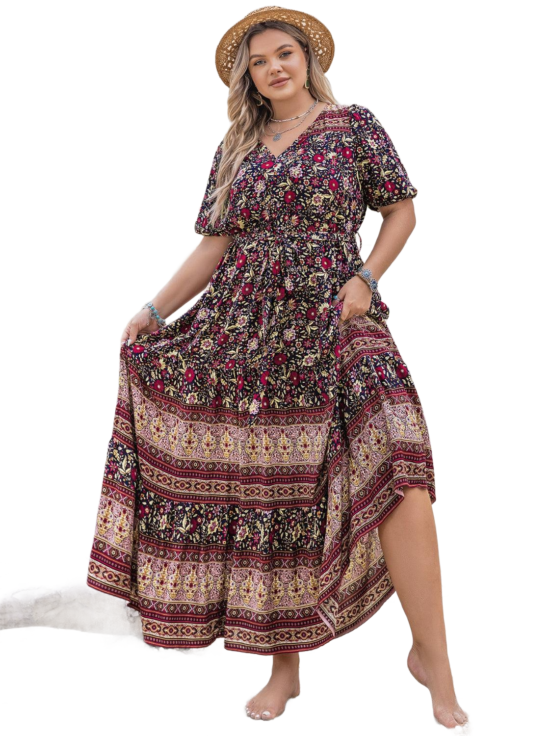 Plus Size Printed V-Neck Short Sleeve Maxi Dress