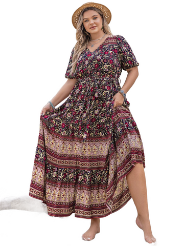 Plus Size Printed V-Neck Short Sleeve Maxi Dress