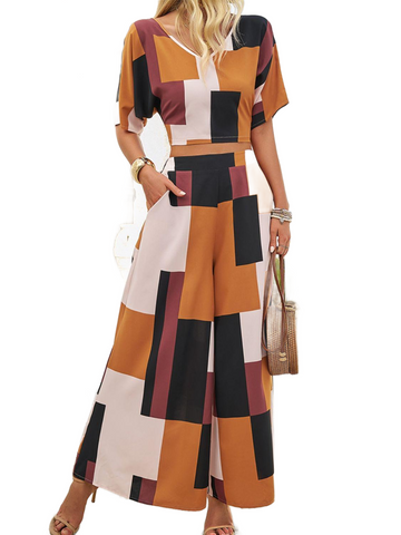 Color Block V-Neck Top and Wide Leg Pants Set