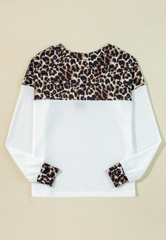 Waffle-Knit Leopard V-Neck Long Sleeve Blouse