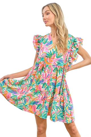 Ruffled Printed Notched Cap Sleeve Dress