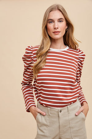 Annie Wear Striped Round Neck Puff Sleeve French Terry Top