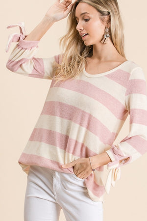 Reborn J Ribbon Cuff Contrast Striped HACCP Top