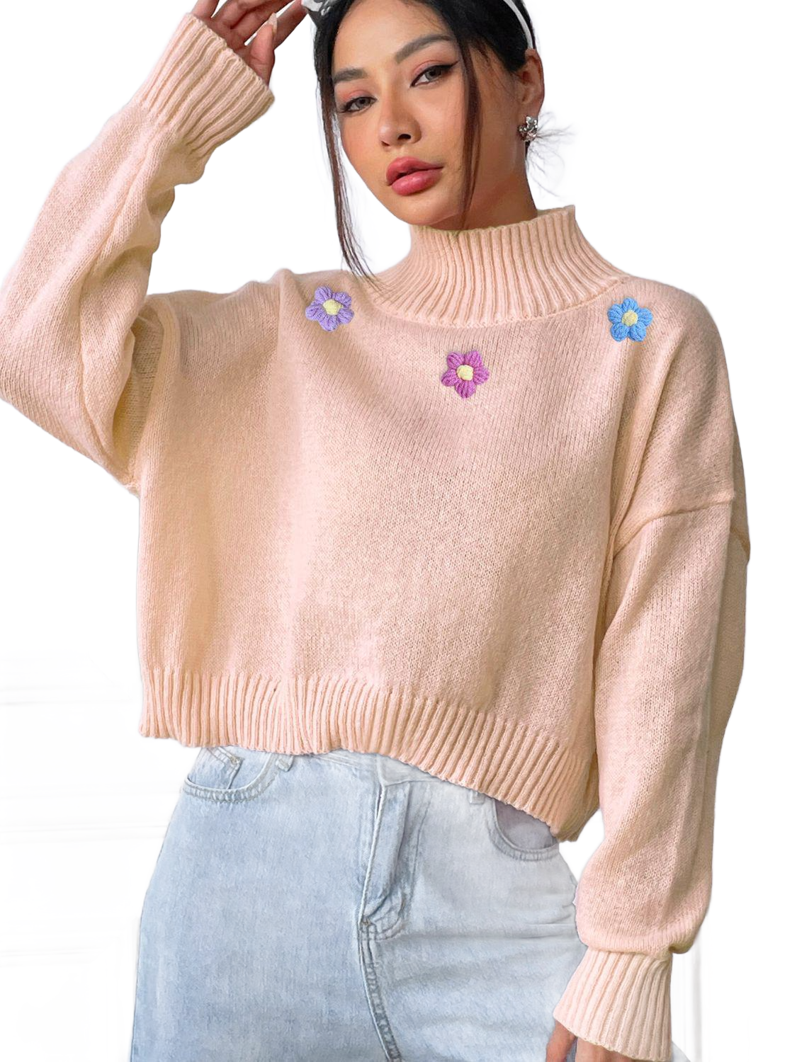 Flower Turtleneck Long Sleeve Sweater