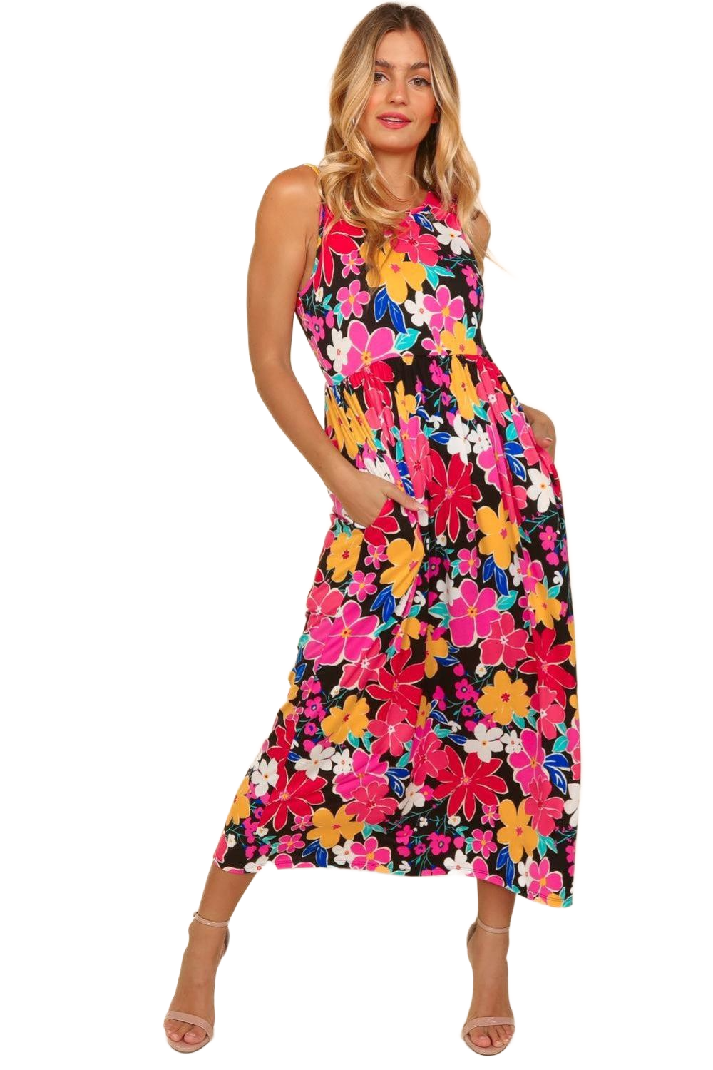 Pocketed Floral Round Neck Sleeveless Midi Dress