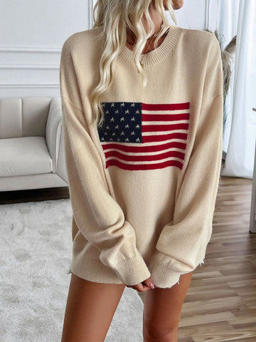 US Flag Round Neck Long Sleeve Knit Top