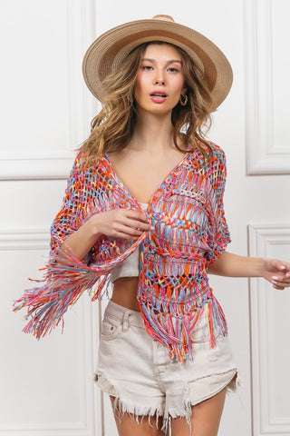 Bib Open Front Fringed Crop Knit Cardigan