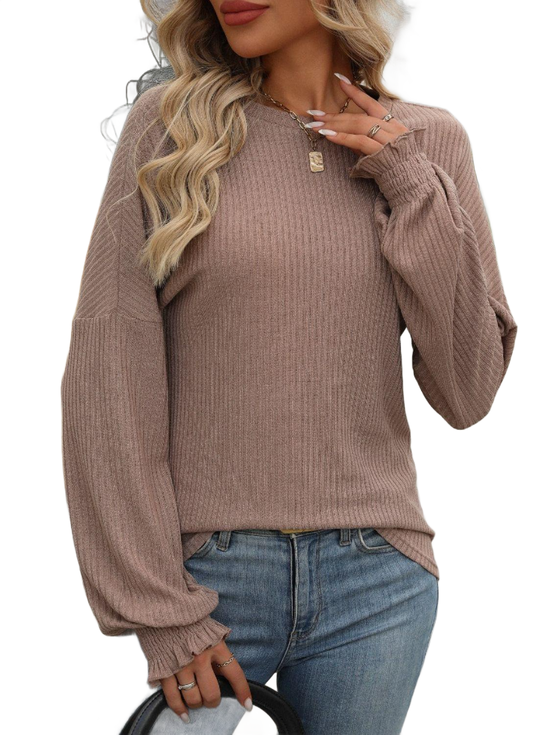 Ribbed Round Neck Long Sleeve T-Shirt