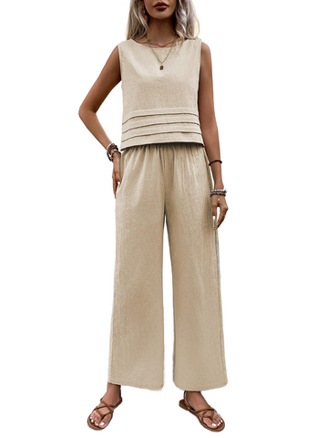 Round Neck Sleeveless Top and Wide Leg Pants Set