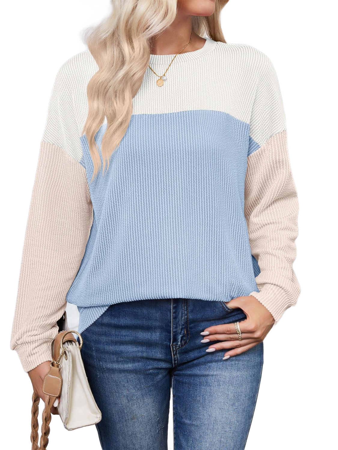 Color Block Round Neck Long Sleeve Sweatshirt