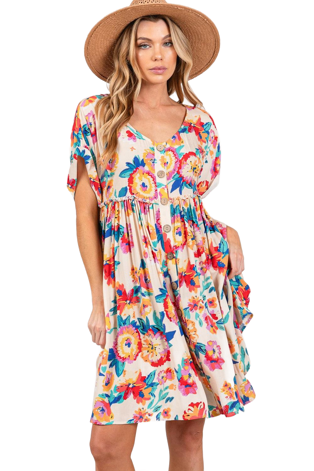 Full Size Floral Button-Down Short Sleeve Dress