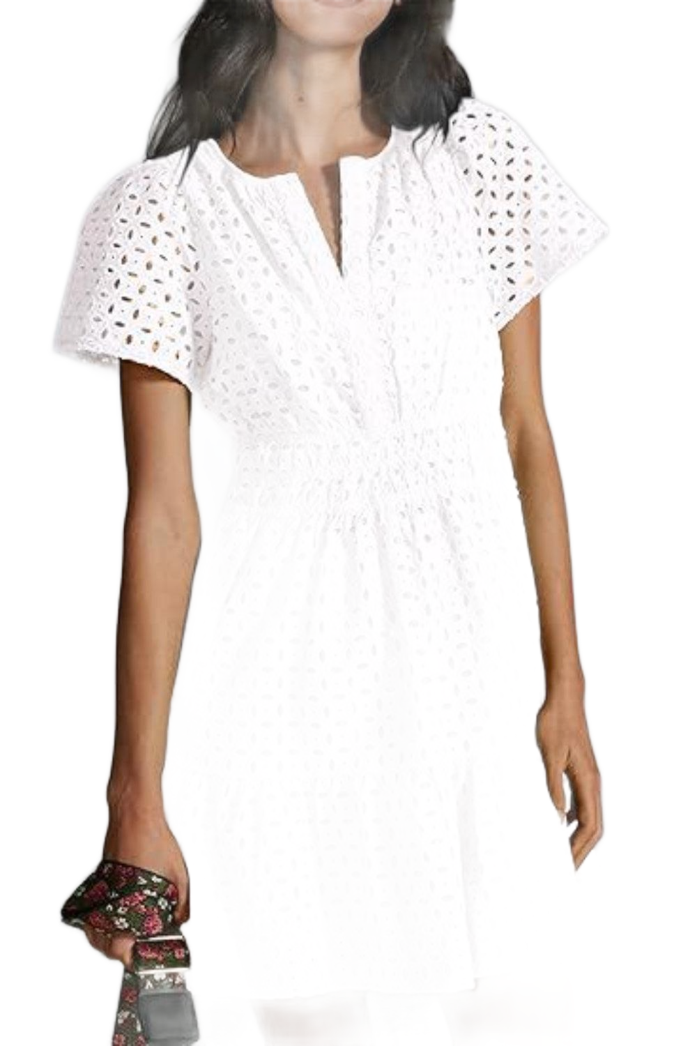 Eyelet Notched Short Sleeve Mini Dress