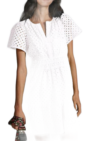 Eyelet Notched Short Sleeve Mini Dress