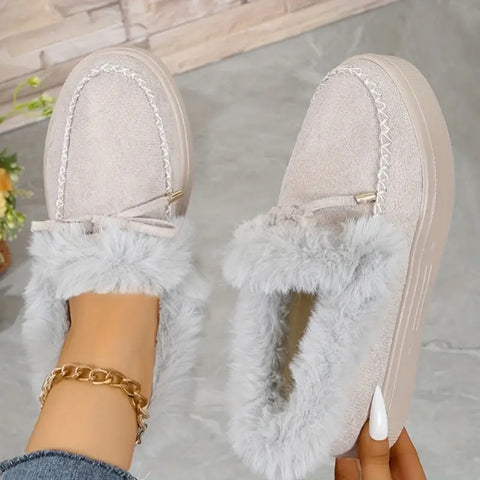 Bow Furry Round Toe Flat Slip-ons