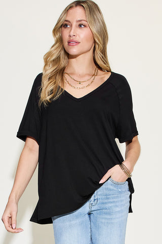 Full Size Slit V-Neck Short Sleeve T-Shirt