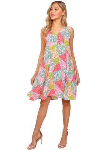 Full Size Baby doll Floral Patchwork Dress with Side Pockets