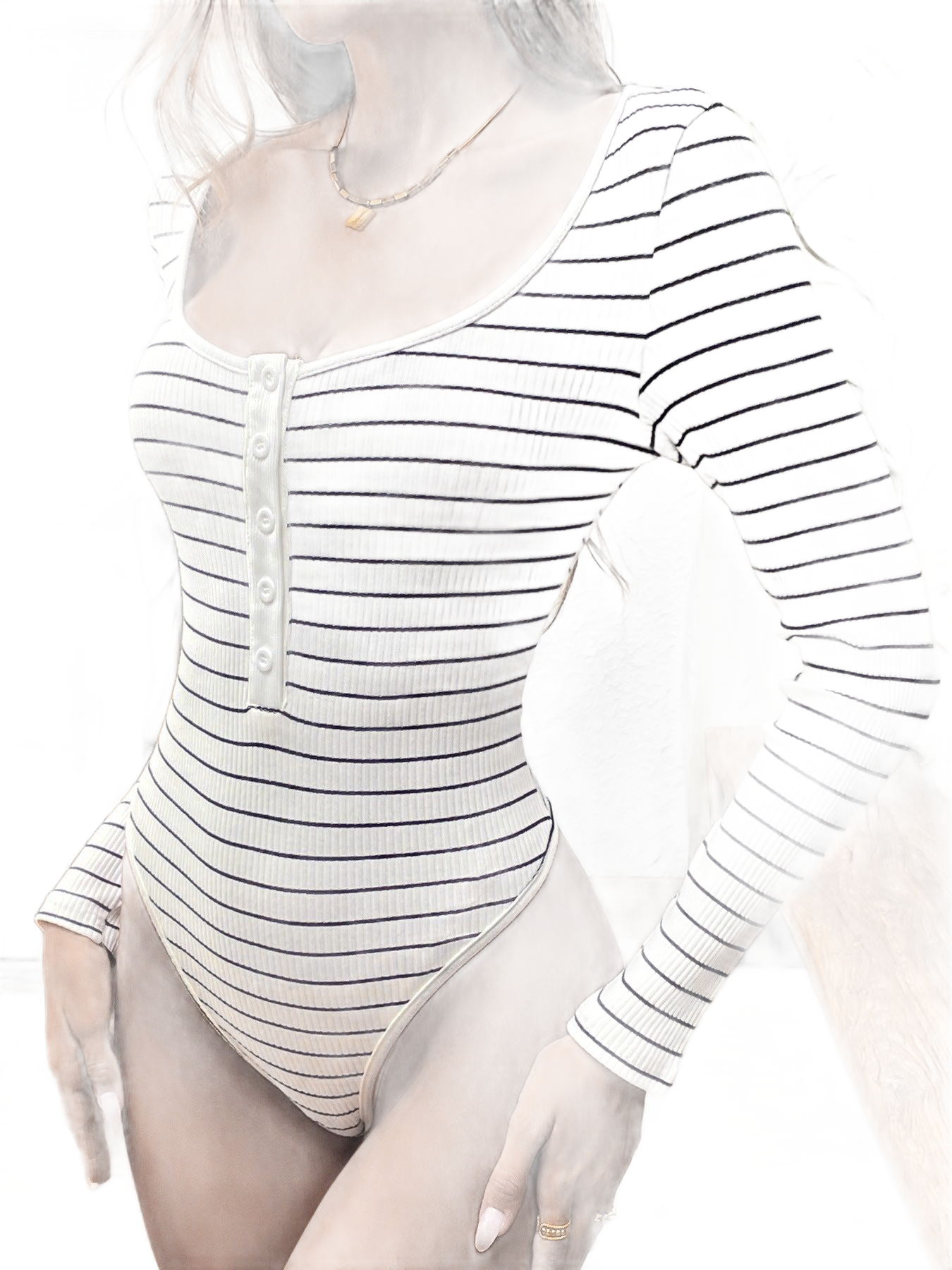 Striped Half Button Scoop Neck Long Sleeve Bodysuit