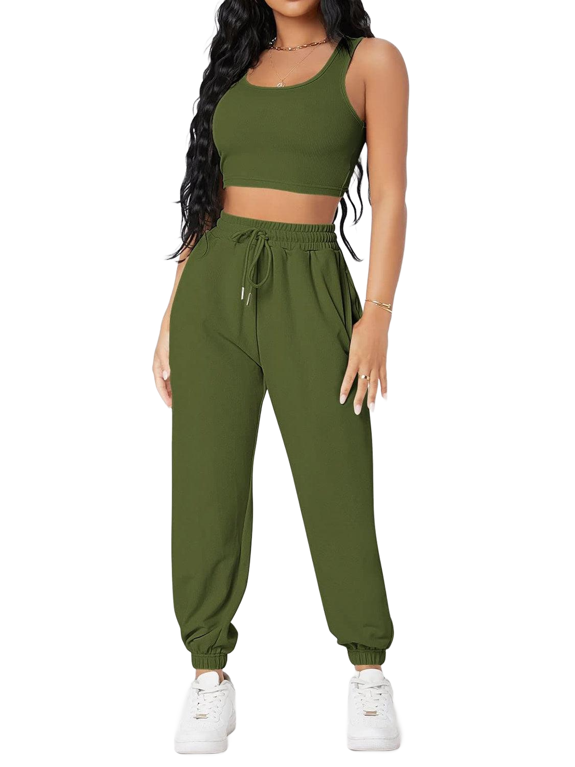 Wide Strap Top and Drawstring Joggers Set