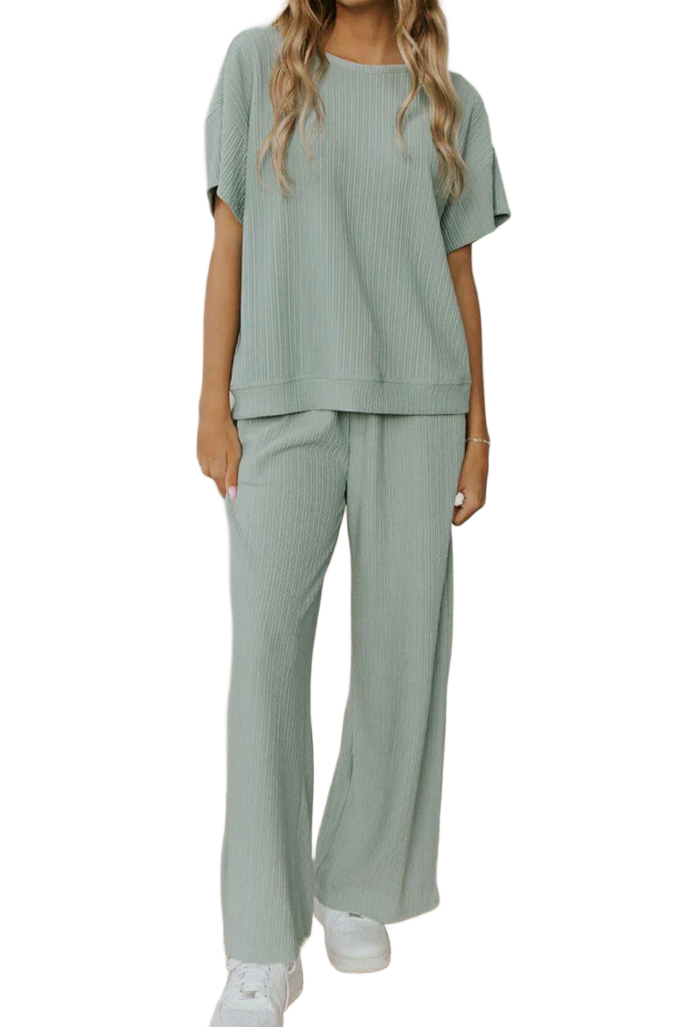 Round Neck Short Sleeve Top and Pants Set