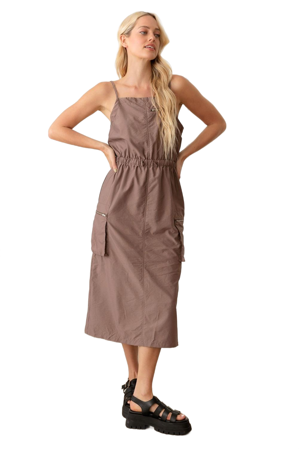 Adjustable Strap Waist Drawstring Cargo Midi Dress