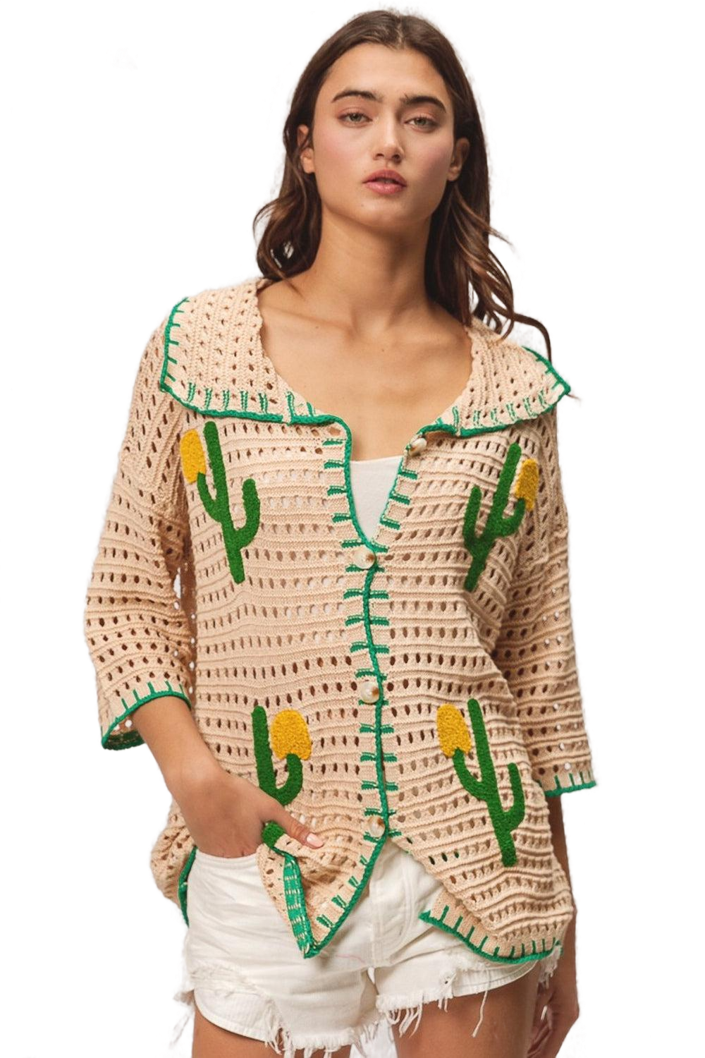 Edge Stitched Cactus Patch Sweater Cardigan