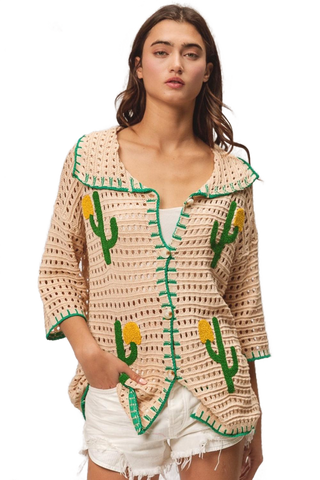 Edge Stitched Cactus Patch Sweater Cardigan