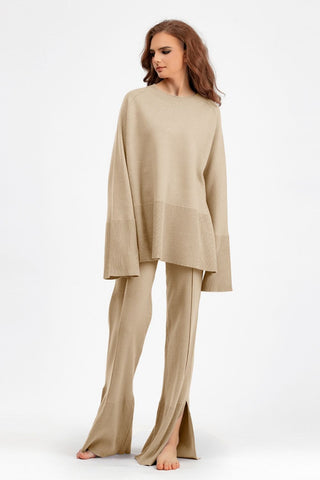 Basic Be Slit Round Neck Long Sleeve Top and Drawstring Pants Sweater Set