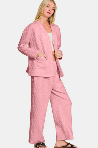 Ze nana Quilted Button Up Long Sleeve Top and Pants Lounge Set