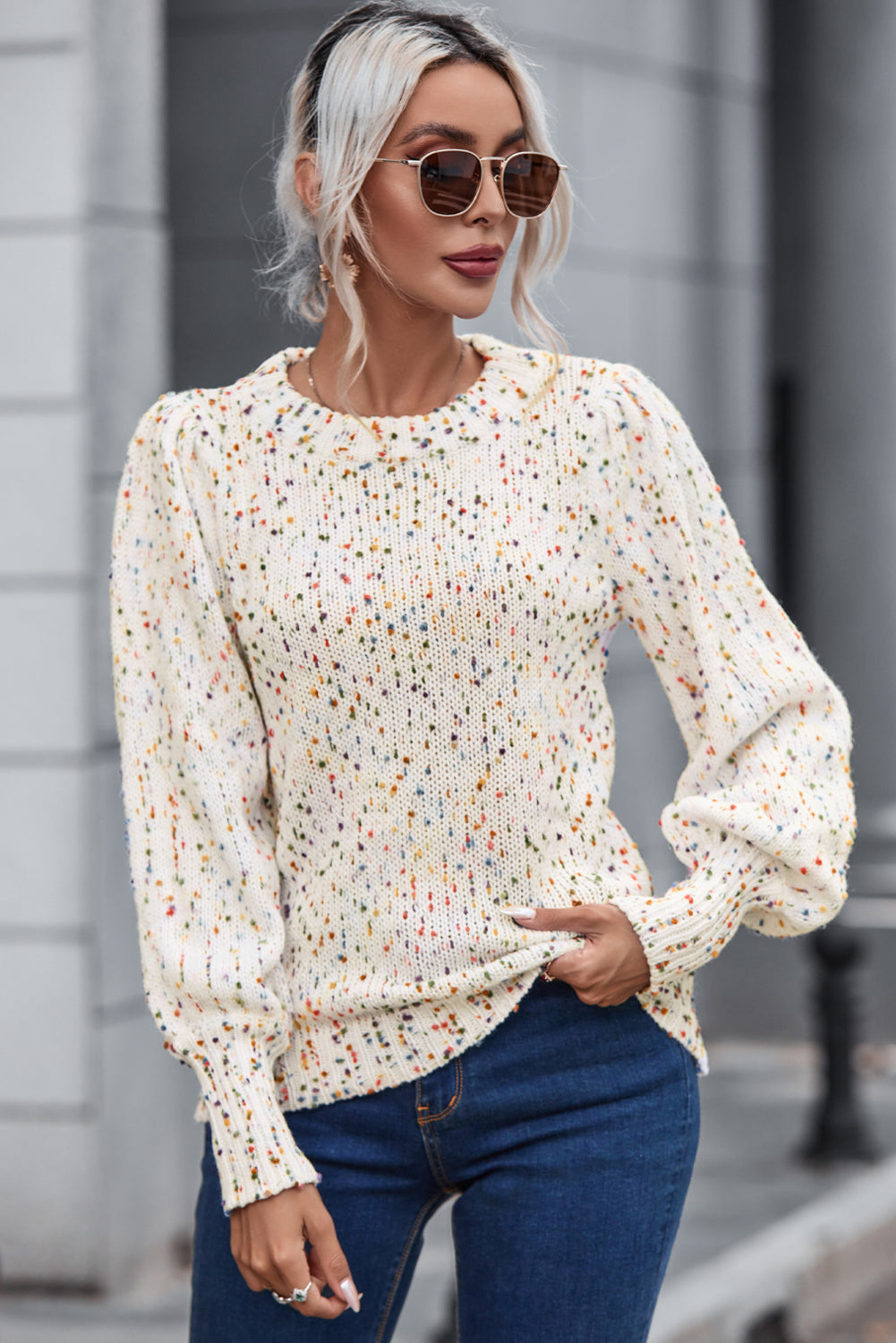 Feathered Round Neck Lantern Sleeve Sweater