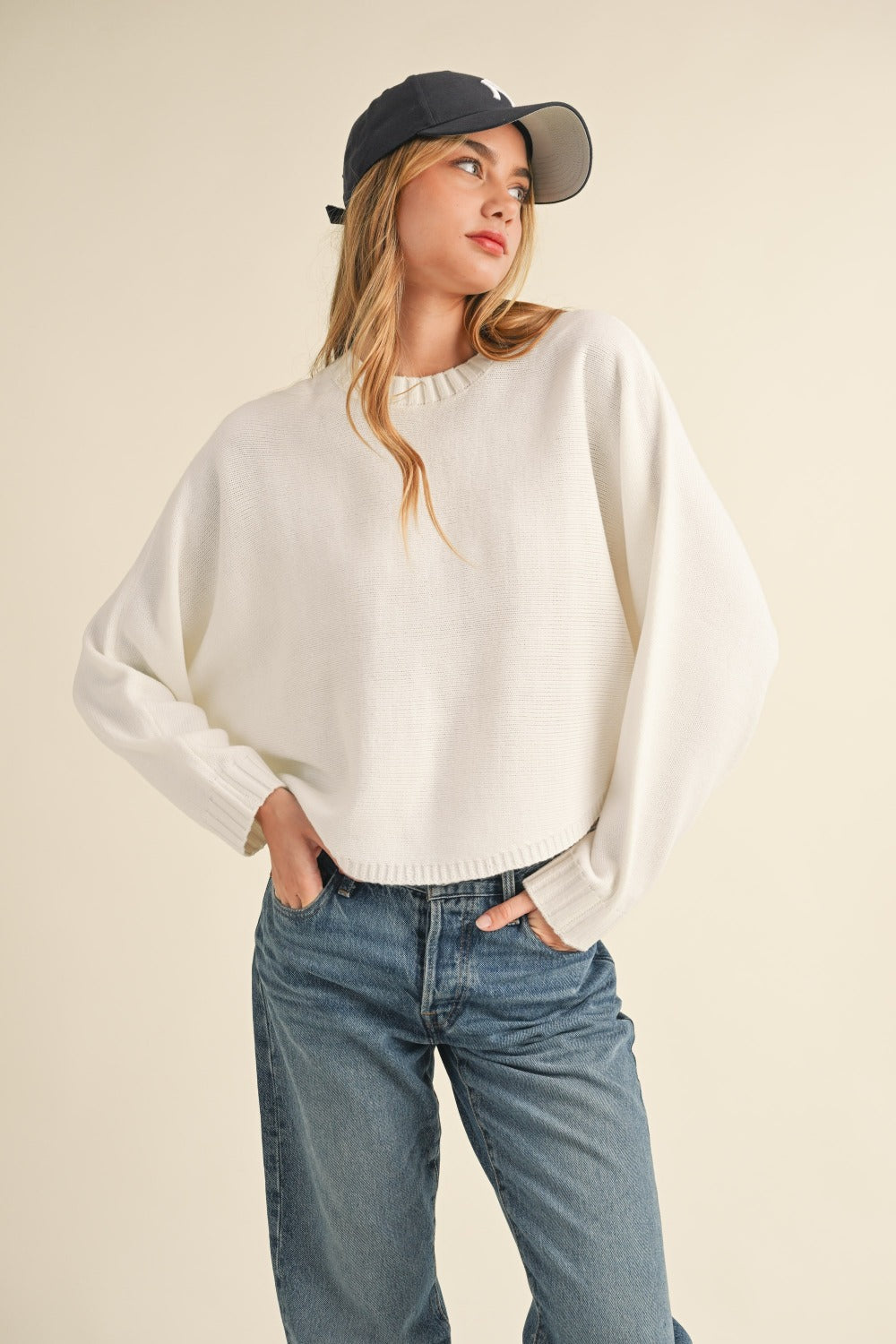 Mable Round Neck Colman Sleeve Cropped Sweater