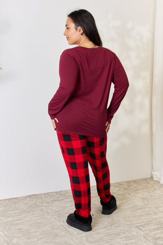 Full Size Plaid Round Neck Top and Pants Pajama Set