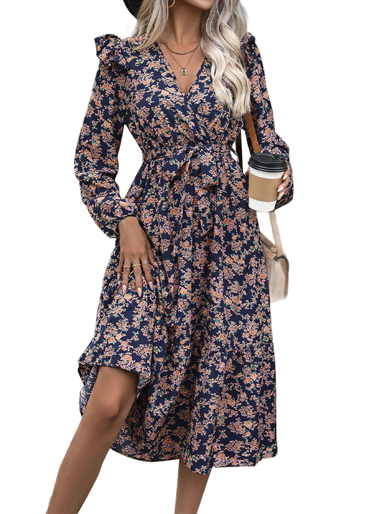 Printed Surplice Long Sleeve Midi Dress