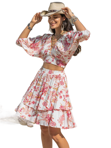 Printed Half Sleeve Top and Layered Skirt Set