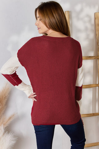 Full Size Color Block Dropped Shoulder Knit Top