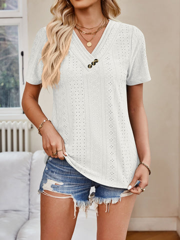 Eyelet V-Neck Short Sleeve Top