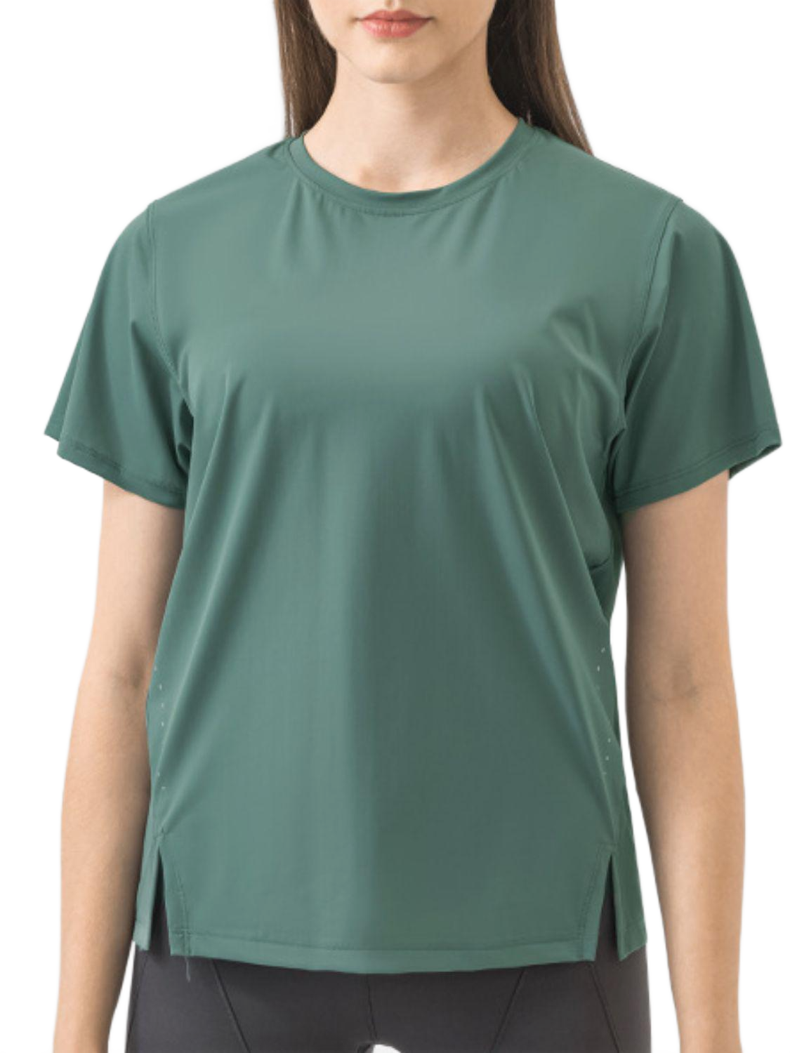 Slit Round Neck Short Sleeve Active T-Shirt