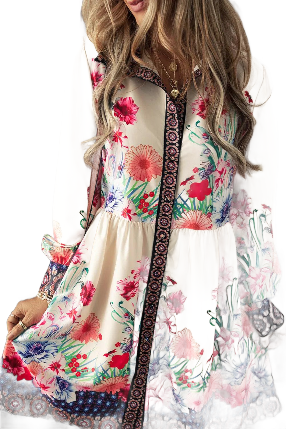 Flower Button Down Lantern Sleeve Dress