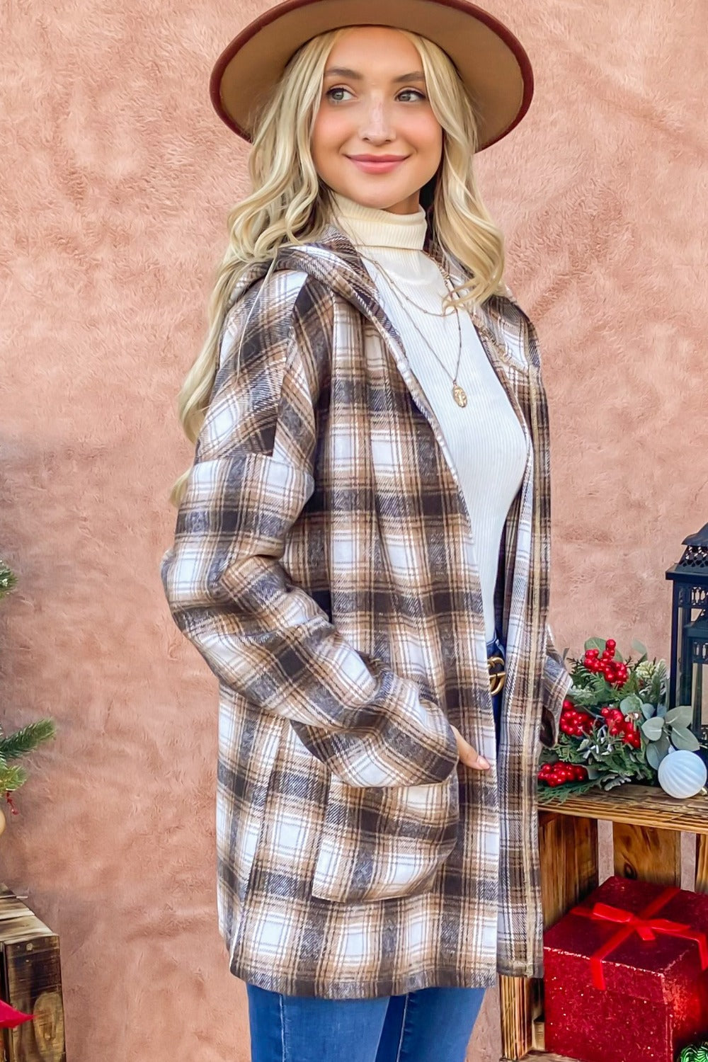 Plaid Open Front Hooded Shocket