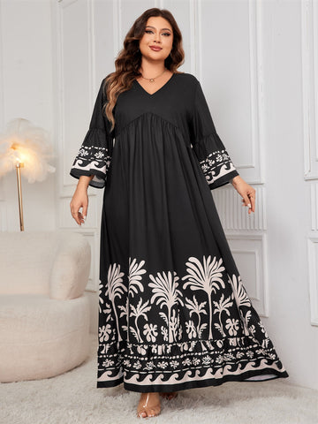 Plus Size Printed V-Neck Long Sleeve Maxi Dress