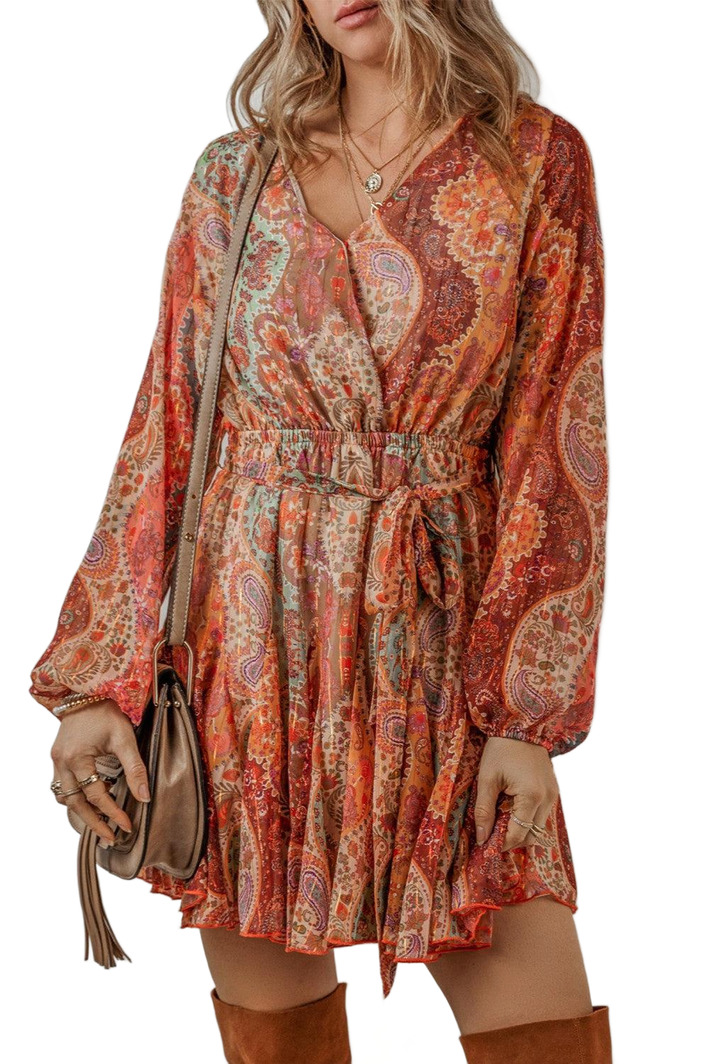 Printed Surplice Long Sleeve Mini Dress