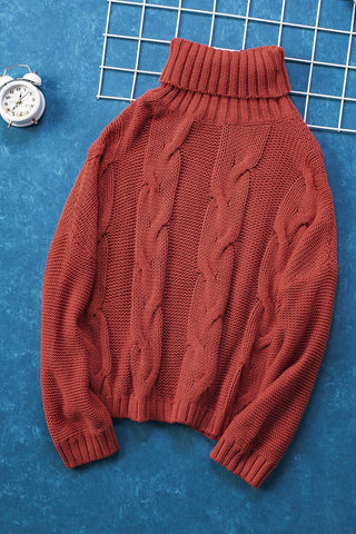 Cable-Knit Turtleneck Dropped Shoulder Sweater