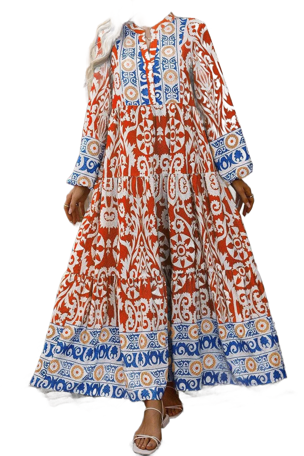 Printed Notched Long Sleeve Maxi Dress