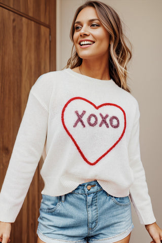 Heart Round Neck Dropped Shoulder Sweater