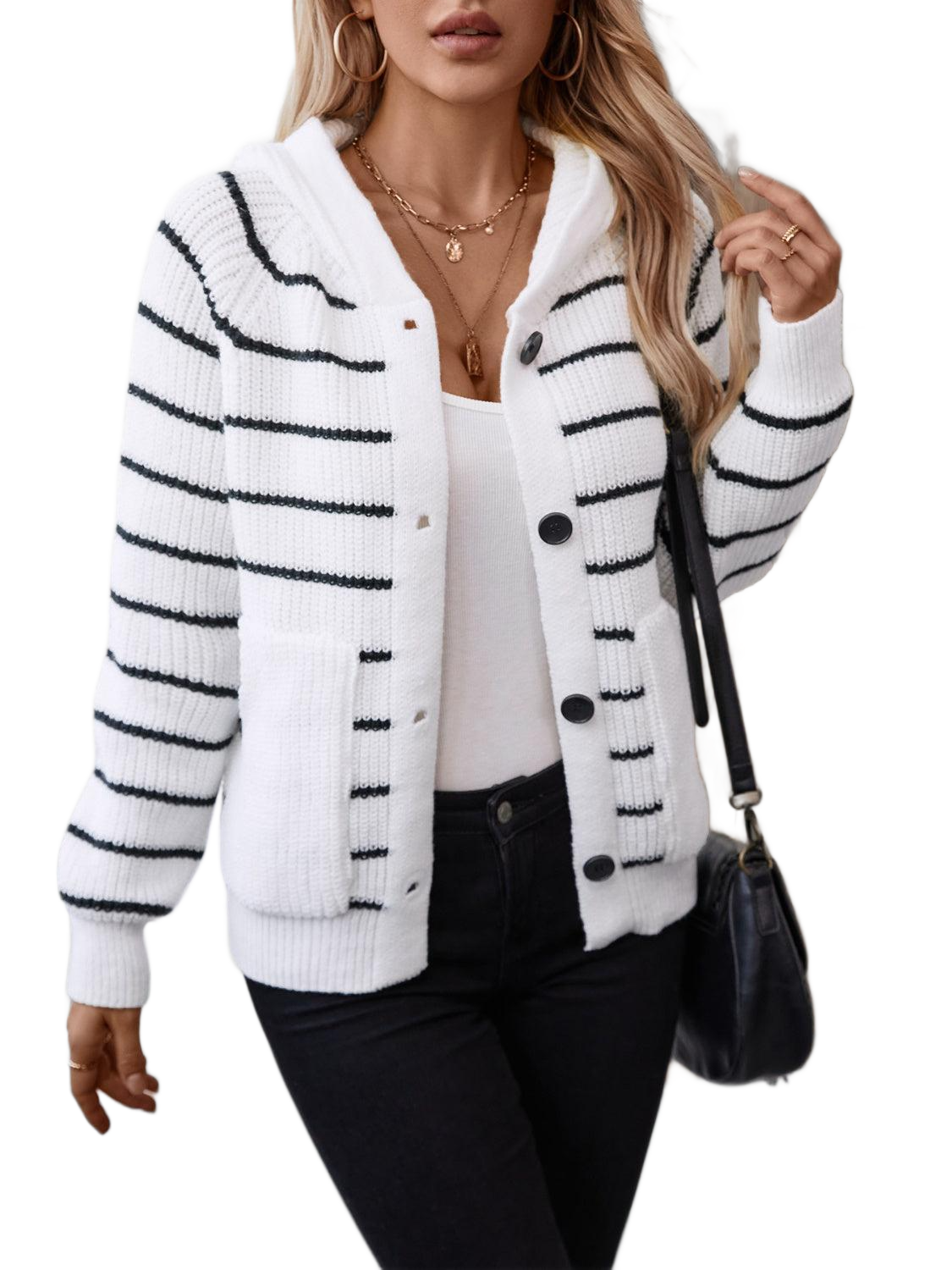 Striped Button Up Long Sleeve Hooded Cardigan