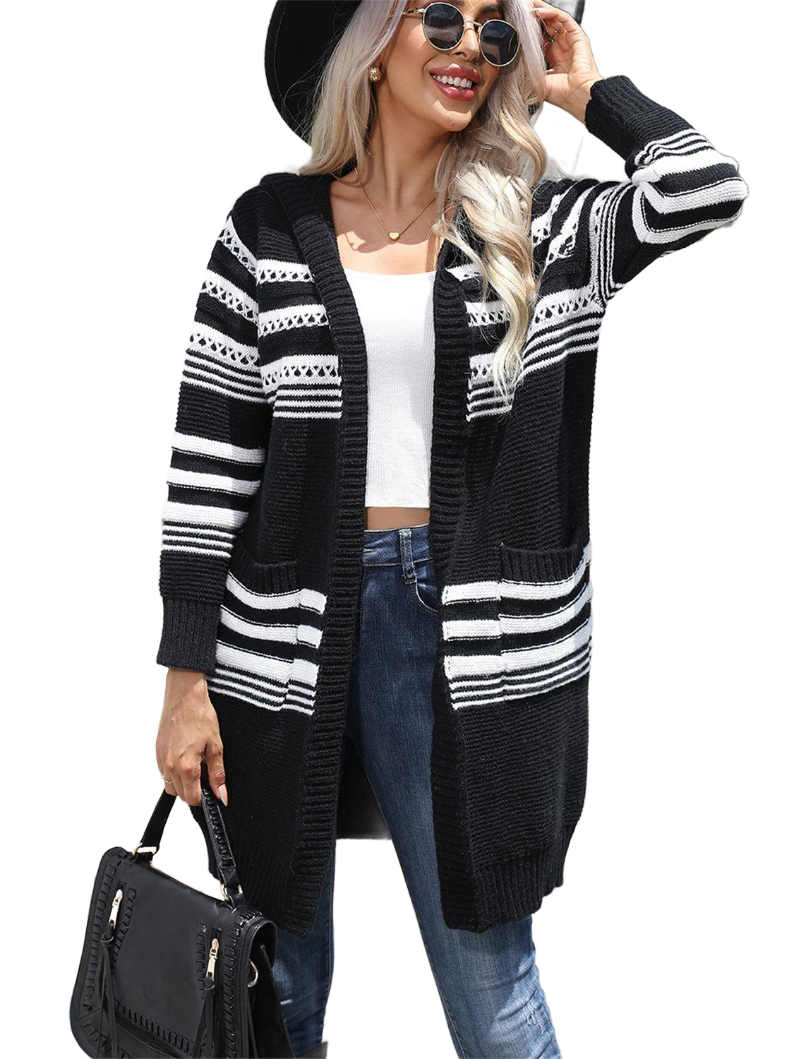 Striped Open Front Hooded Cardigan