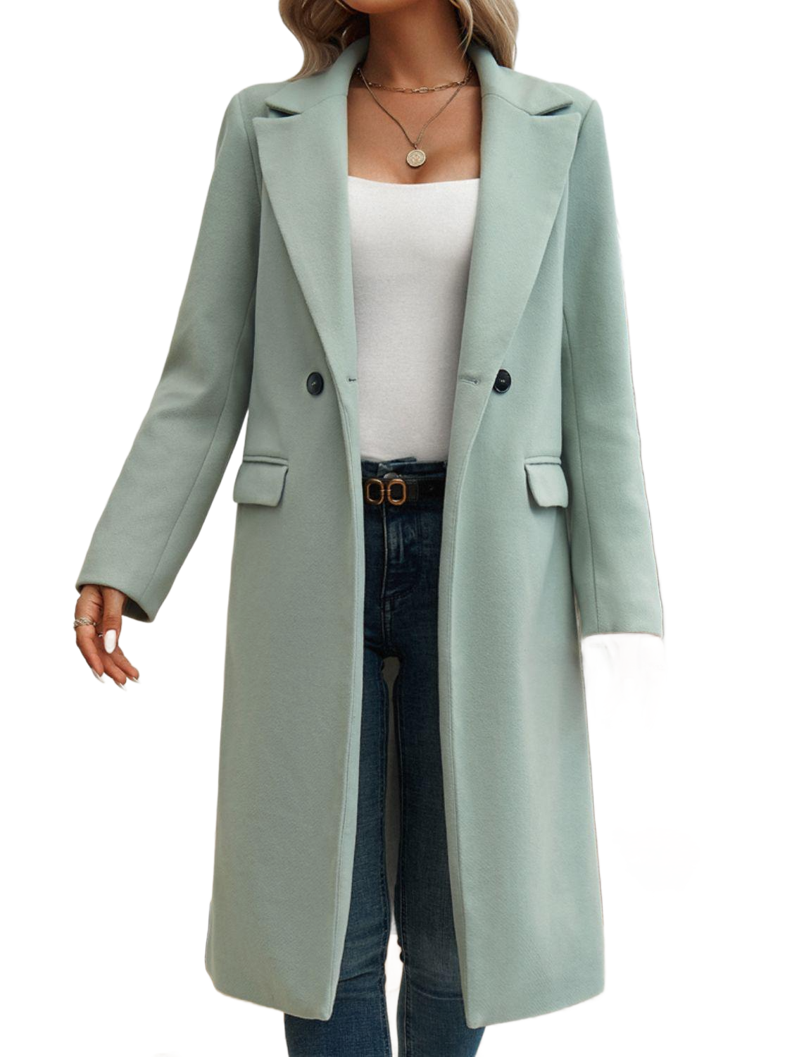 Pocketed Collared Neck Long Sleeve Coat