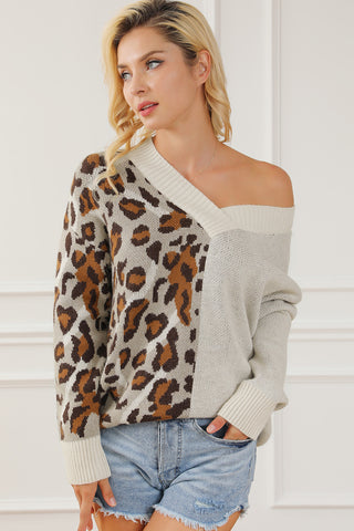 Leopard V-Neck Dropped Shoulder Sweater