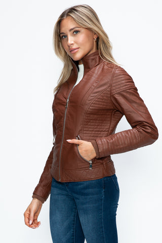 MI Faux Layered Double-Zipper Jacket with Fuzzy Hood