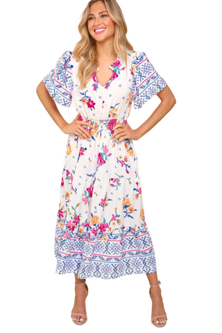 Printed Notched Short Sleeve Tiered Dress