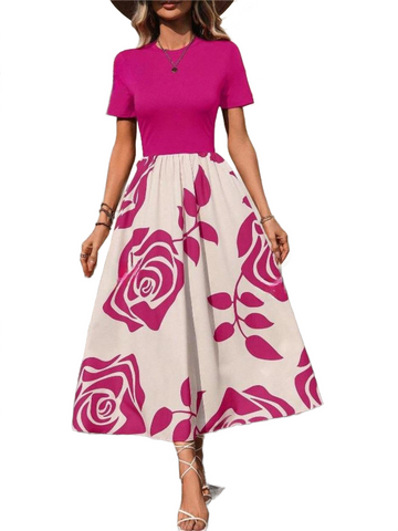 Rose Printed Round Neck Short Sleeve Dress